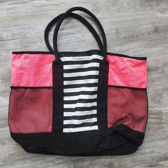 Victorias Secret Island Tote Bag Stud Pouch Beach Pink Black Stripe Travel 2016 - Picture 16 of 16